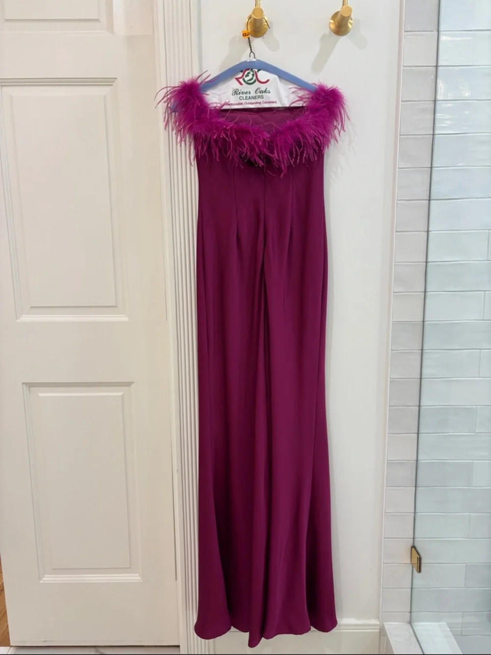 Strapless Feather-Trim Gown - Magenta - Picture 2 of 8
